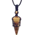 Detail of a tiger eye stone pendulum pendant with a hand-woven black cord necklace. - Woven Pendant / Yellow Brown Tiger Eye