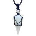Handcrafted opalite stone hexagonal cone pendulum necklace with black cord mesh wrap - Woven Pendant / Creamy White Opalite
