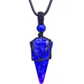Handcrafted starry blue sandstone pendulum necklace with black macrame wrapping - Woven Pendant / Dark Blue Sandstone