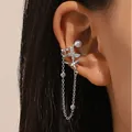 Silver butterfly ear cuff featuring long chain tassels and a faux pearl for non-pierced ears - Pearl Butterfly Long Chain Tassel Style (8219)