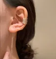 Elegant gold multi-layered ear cuff featuring a long chain tassel for women without ear piercings - Gold Color Five-Row Rhinestone Ear Threader (14K Gold 2260)