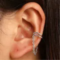 Elegant minimalist silver-colored ear cuff with a delicate dangling chain tassel design - Double Row Ring Long Chain Style (WG-0265)