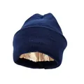 Premium navy blue knitted beanie hat featuring a smooth champagne satin lining for hair protection - Navy Blue