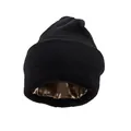 Warm black knitted beanie hat with smooth brown satin lining to protect hair style - Black
