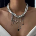 Collana di perle hip-hop con catene argentate e ciondoli a forma di cuore traforato - Collana a Doppio Strato Cuore Perla Artificiale (06946) / Argento