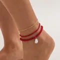 Set di 3 cavigliere a strati con perline rosse e catena d'oro con ciondolo a perla - Set di 3 Cavigliere Bohemienne con Perle e Perline (07291) / Oro con Rosso