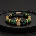 Pulsera elegante de piedra natural ojo de tigre verde con corona bañada en oro 18K - Pulsera de Cuentas de Piedra Natural Corona Verde