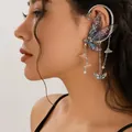 Polsino orecchio ad ala di farfalla d'argento con glitter viola e pendenti lunghi - Gancio per Orecchio Singolo a Forma di Ala di Farfalla (03274) / Argento Antico + Blu