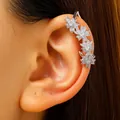 Elegant sparkling flower zircon ear cuff in silver finish for non-pierced ears jewelry - Four-Star Linked Ear Cuff (0475) / Single Piece / Silver