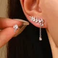 Elegant sparkling silver leaf zircon ear cuff and stud earring set jewelry for women - Silver Leaf Tassel Earring Set (F05) / 1 Pair (Asymmetric) / Silver