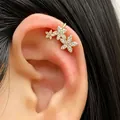 Sparkling floral ear cuff featuring gold finish and cubic zirconia stones design - Triple Flower Gradient Zirconia Ear Cuff (12292) / Single Piece / Silver