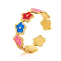 Anillo abierto de acero inoxidable dorado con flores de esmalte de colores para mujer - Estilo de Flor de Cinco Pétalos (Pequeño) / Dorado