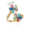 Dettaglio di un anello aperto in oro 18K con fiori in zircone colorato e misure guida. - Stile Doppia Fioritura con Zirconi a Goccia d'Acqua Multicolore (G124353) / Oro
