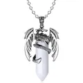 Silberne Drachen-Halskette mit einem weißen natürlichen sechseckigen Kristall-Säulen-Anhänger - Weißer Jade / Pterosaurier Einzelanhänger