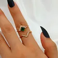 Gold-toned open ring set with emerald-green stone and V-shaped crystal band - Square Green Rhinestone Style (G-406) / Two-Piece Set / KC Gold