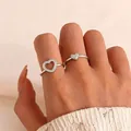 Silver heart open ring set with sparkling zirconia stones, retro jewelry for women. - Hollow Heart Style (11612) / Two-Piece Set / White Gold