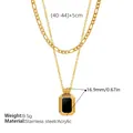 Retro layered Figaro chain necklace with square black pendant in gold stainless steel - Small Style Necklace (XL65GS)