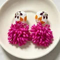 Statement vintage fuchsia drop earrings featuring floral ceramic tops and magenta spiky accents - Rose Pink Beaded Firework Style (2607202)