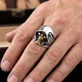 Premium vintage stainless steel hooded skull ring for men with gothic punk jewelry design - US 7 / Two-tone Gold Black Oil