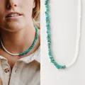 Belle chaîne de clavicule en perles de pierre naturelle et blanches pour femme vue SKU - 38+5cm / Épissure Cyan