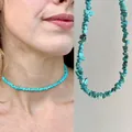 Collier ras du cou bohème en éclats de turquoise naturelle pour femme bijou d'été élégant - 38+5cm / Cyan Clair