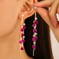 Luxury long gold tassel earrings featuring purple-pink flowers and sparkling rhinestones - Purple Rose Tassel (8370)