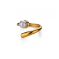 Elegant gold-plated stainless steel open ring with a single grey faux pearl accent - Grey Artificial Pearl Style (G126546)