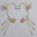Eleganti copriorecchi dorati in stile New Chinese con farfalla e fiore di strass - Orecchino a Fascia con Farfalla Nappine Oro (ERS-J4192G) / Confezione da 1 paio / Oro