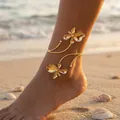 Boho χρυσό βραχιόλι αστραγάλου με λουλούδια και σμάλτο, ρυθμιζόμενο σε φόντο παραλίας - Χρυσή αλυσίδα ποδιού (9 cm)