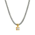 Minimalist woven cord necklace featuring a small square golden pendant with clear zircon - Square Pendant / Gray