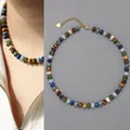 Vintage bohemian style colorful natural stone beaded necklace with gold heart charm detail - Heart Pendant Extension Chain Style / Necklace(40+5cm) / Camouflage Tiger Eye