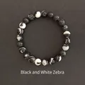 8mm natural zebra jasper stone bead bracelet featuring black and white patterns - Black and White Zebra Stone
