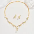 Elegant gold jewelry set with leaf design featuring white pearls and clear cubic zirconia - Artificial Pearl Marquise Style (1382) / Gold