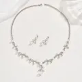 Elegant silver-colored leaf jewelry set with zircons and pearls, necklace and earrings. - Artificial Pearl Marquise Style (1382) / Silver