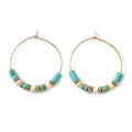 Bohemian style stainless steel gold hoop earrings with turquoise and white beads for women - Sky Blue Beaded Gold Hoop (B-E23120801H)
