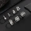 Vintage silver alloy men's hip-hop ring set featuring star and textured woven designs - Multi-Style Combination (06484) / Antique Silver