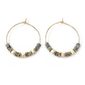 Bohemian gold stainless steel hoop earrings featuring marbled white and grey stone beads - Grey Speckled Beaded Gold Hoop (B-E23120801M)
