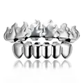 Hip-hop silver plated teeth grillz set with unique flame design on white background - Style 11 / Set / Silver
