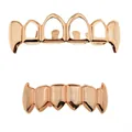 Shiny gold plated hip-hop teeth grillz set featuring hollow top and solid bottom row - Style 14 / Set / Rose Gold