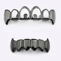 Shiny black plated hip-hop grillz set featuring textured grid pattern and open frames - Style 14 / Set / Gun Black