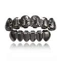 Hip-hop grillz set in gunmetal grey with textured top teeth on white background - Style 8 / Set / Gun Black