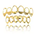 Gold-plated hollow hip-hop grillz set for top and bottom teeth with grid texture - Style 10 / Set / Gold