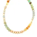 Close-up of multi-colored semi-precious stone beaded necklace with gold spacer beads - Pink Yellow Green White & Gold Spaced