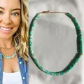 Natural turquoise stone beaded necklace with gold spacers, shown on model and flat - Teal Spacer