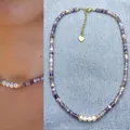 Natural purple semi-precious stone beaded necklace with four white freshwater pearls - Purple Spacers (With Freshwater Pearls)