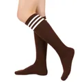 Stylish brown knee-high varsity socks with three horizontal white stripes for women - One Size / White Striped Style (53) / Coffee