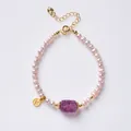 Natural purple freshwater pearl bracelet with carved amethyst bead and gold charm - 4-5mm Purple Freshwater Pearl - Fluorite Meander Bead Coin Bracelet