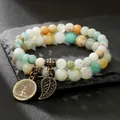 Handmade 2-piece 8mm turquoise stone bead bracelet set with Tree of Life and leaf charms - Mixed Earth Tones Style (ZJ14027)