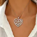 Elegant silver stainless steel heart necklace with MaMa pendant and crystal accents - MAMA Hollow Heart Style (Flower/13-9866)