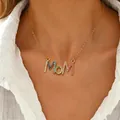 Gold-plated stainless steel MOM necklace with colorful crystal rhinestones for women. - MOM Colored Stone Hollow Style (19-7667)